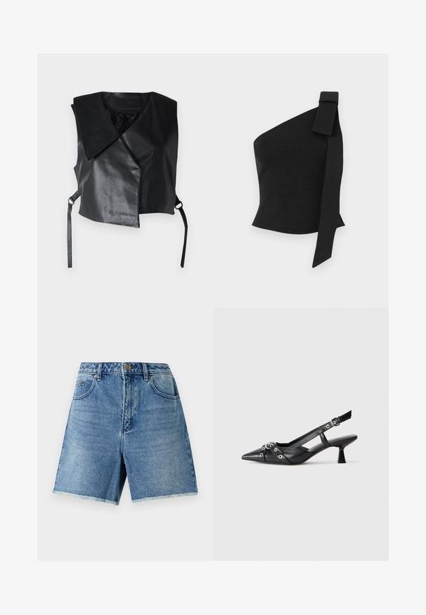 STUDIO ID Vesta - nappa black; Asymetrický čierny top vyrobený z textúrovanej látky; obsahuje mašľu na ľavom ramene a má priliehavý strih.; Džínové šortky svetlomodré farby, s vysokým pásom, zapínaním na gombík, prednými vreckami a rozstrapkaným lemom pre voľný strih.; Čierne kožené slingback topánky s špicatou špičkou, ozdobnými popruhmi s kovovými očkami a nízkym blokovým podpätkom. Textúrovaný povrch.