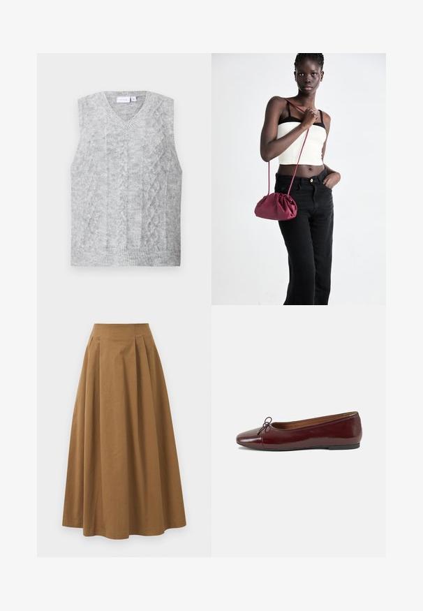 Grå ermeløs genser med v-hals, med et kabelflettemønster. Myk tekstur og ribbestrikket kant. Minimalistisk design uten utsmykninger.; Hvit skjorte med knapper laget av glatt bomull, med klassisk krage, lange ermer og buet skjær. Knapper er små og hvite.; Brun bomull A-linje skjørt med høy midje, med folder foran og en jevn tekstur. Kantene er rene og enkle.; Burgunderrød lakk lær ballettleilighet med rund tå, liten sløyfe foran og en lav, svart gummisåle. Glatt tekstur.; Burgunderfarget myk stoffhåndveske med en samlet design og en lang stropp, båret som en crossover. Modellen har på seg en hvit crop-top og svarte jeans.