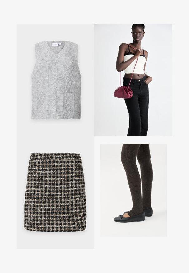 Sweater cinza sem mangas com decote em V, apresentando um padrão de malha de cabo. Textura suave e bainha canelada. Design minimalista sem enfeites.; Blusa preta de mangas compridas para mulheres, com gola pontiaguda, botões frontais ocultos, cintura ajustada e bainha e punhos em formato evasê.; Saia mini xadrez em preto e bege com uma trama texturizada e uma cintura suave, apresentando um corte estruturado e um design simples.; Sapatos planos pretos com um pequeno laço na ponta, emparelhados com meias-calças caneladas castanhas escuras. Os sapatos têm uma textura suave e um design discretamente baixo.; Bolsa de tecido suave em borgonha com um design franzido e uma alça longa, usada à transversal. Modelo veste um top cropped branco e jeans pretos.