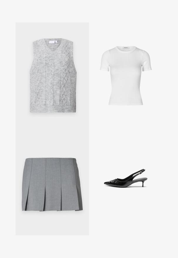 Gray sleeveless sweater with a v-neck, featuring a cable knit pattern. Soft texture and ribbed hem. Minimalist design without embellishments.; White short-sleeve t-shirt made from ribbed material. Features a round neckline and a fitted silhouette. Smooth texture with no patterns.; Gray pleated skirt featuring a smooth texture, structured design, and a fitted waist. Made from a lightweight fabric with subtle pattern.; Black leather slingback heels with a pointed toe, small kitten heel, and a decorative knot detail on the front. Smooth texture throughout.