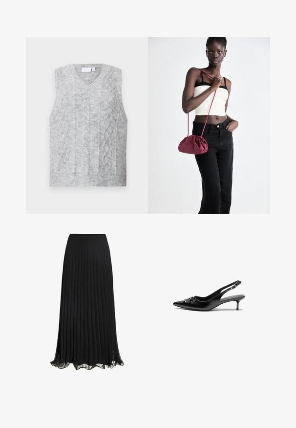 Pulover gri fără mâneci cu guler în V, având un model din tricot cu cabluri. Textură moale și tiv ribbat. Design minimalist fără decorațiuni.; Cămașă albă cu mânecă scurtă din bumbac ribbed. Design ajustat cu decolteu rotund și o textură netedă. Fără modele sau aplicații.; Fustă maxi plisată neagră, realizată dintr-un material ușor, cu un design fluid. Prezintă un tiv volan și o talie elastică pentru confort.; Cizme slingback din piele neagră, cu vârf ascuțit, toc mic de tip kitten heel și un detaliu decorativ sub formă de nod în față. Textură netedă pe întreaga suprafață.; Geantă dintr-un material moale de culoare burgundă, cu un design plisat și o curea lungă, purtată pe umăr. Modelul poartă un top alb scurt și blugi negri.