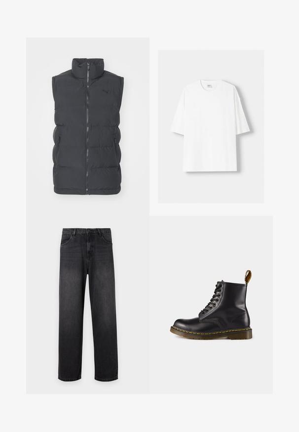 Čierny páperový vest s vysokým golierom, vyrobený z p sintetického materiálu, s predným zipsom a dvoma bočnými vreckami na zips. Obsahuje logo na hrudi.; Biela tričko s krátkym rukávom vyrobené z bavlny, s okrúhlym výstrihom a voľným strihom. Hladká textúra, bez viditeľných vzorov alebo akcentov.; Tmavošedé džíny s rovnými nohavicami, so zapínaním na zips, piatimi vreckami a jemnými odfarbeniami na látke.; Čierne kožené členkové čižmy so žltým prešívaním, šnurovací predok, okrúhla špička a textúrovaná gumová podrážka. Na zadnej strane je očná ihla.