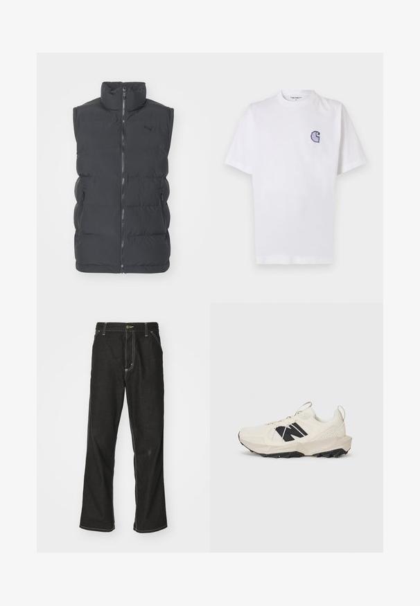 Svart dunvest laget av syntetisk materiale med høy krage, glidelås foran og to sidelommer med glidelås. Har en logo på brystet.; Hvit bomulls-T-skjorte med korte ermer, rund hals og en liten, brodert blå "C"-logo på venstre brystområde.; Svarte denimbukser med løs passform, med kontrastfylt hvit søm, knappelukking og rett ben-design.; Lys beige sneaker med mesh-overdel, sort logo og teksturert såle. Akzentuert med et geometrisk mønster på mellomsålen.