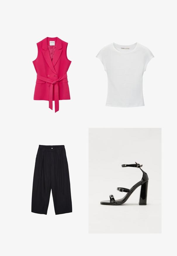 Fuchsia ärmellose Weste mit doppelter Knopfleiste, Reverskragen, Fronttaschen und einem Bindegürtel in der Taille. Glattes, maßgeschneidertes Gewebe.; Weißes Baumwoll-T-Shirt mit kurzen, aufgerollten Ärmeln, rundem Ausschnitt und geradem Saum. Glatte Textur ohne sichtbare Muster oder Akzente.; Schwarze Polyester-Culotte mit einem elastischen Bund, zwei vorderen Falten und einer lockeren Silhouette. Keine sichtbaren Muster oder Hardware-Details.; Schwarze patentierte Sandalen mit Absatz, quadratischer Spitze, Knöchelriemen und silbernen Schnallen. Mit einem stabilen Blockabsatz für mehr Stabilität.