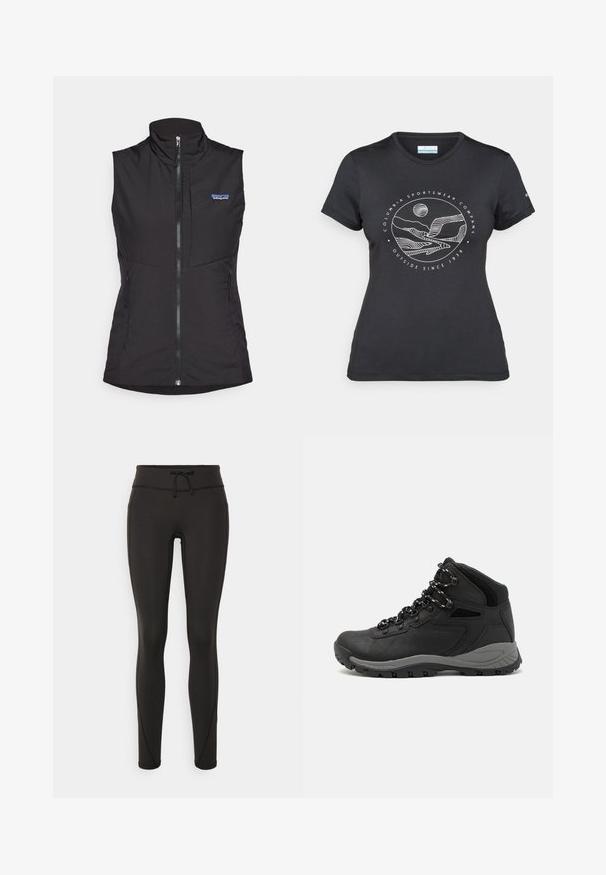 Czarna bezrękawnik z wysokim kołnierzem, zamkiem błyskawicznym z przodu oraz dwoma bocznymi kieszeniami, wykonany z gładkiego, lekkiego materiału. Widoczne logo Patagonia.; Czarny t-shirt Columbia z białą okrągłą grafiką gór i rzeki oraz napisem "Columbia Sportswear Company Outside Since 1938."; Czarne legginsy z wysokim stanem, sznurkiem do regulacji, gładką teksturą i dopasowanym krojem. Posiadają detale w postaci przeszyć po bokach.; Czarne buty trekkingowe z średnim cholewem, z teksturowaną cholewą, szarymi akcentami oraz trwałą gumową podeszwą z wypustkami zapewniającymi przyczepność.