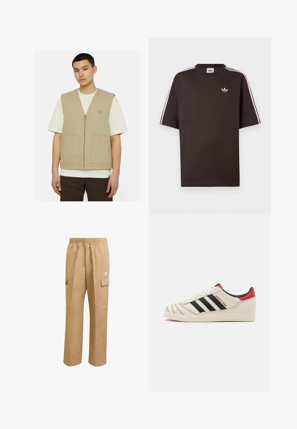 Gilet senza maniche beige realizzato in tessuto resistente, con zip frontale e due ampie tasche. Indossato sopra una camicia bianca.; Maglietta di cotone marrone con maniche corte, caratterizzata da strisce bianche sulle spalle e un piccolo logo bianco sul petto.; Pantaloni cargo color marrone chiaro con vita elastica, due tasche laterali cargo e un piccolo logo bianco sulla coscia sinistra. Texture liscia.; Sneakers in pelle crema con strisce nere, dettagli rossi sul tallone e texture particolari. Presentano una suola in gomma e chiusura con lacci.