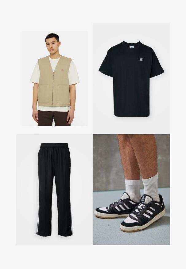 Chaleco sin mangas beige hecho de una tela duradera, con una cremallera frontal y dos grandes bolsillos. Lleva puesto sobre una camisa blanca.; Camiseta de algodón negra con cuello redondo y mangas cortas, que presenta un pequeño logo blanco de Adidas en la zona izquierda del pecho.; Pantalones deportivos negros con cintura elástica, que presentan rayas laterales blancas y un pequeño logotipo. El material parece suave y ligero.; Zapatillas en blanco y negro con parte superior de ante y cuero, que presentan tres franjas blancas, una puntera perforada y una suela de goma.