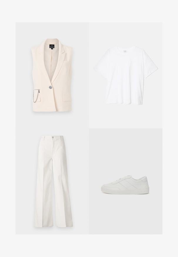 Chaleco sin mangas color crema con solapa con muesca, cierre de botón simple, bolsillos laterales y una cadena decorativa en el bolsillo con cremallera.; Camiseta de algodón blanca con mangas cortas, escote redondo, corte relajado y dobladillo cosido. Etiqueta visible en el interior del cuello.; Pantalones de pierna ancha blancos hechos de algodón con una textura suave. Cuenta con un botón delantero, cremallera y un diseño de cuatro bolsillos.; Zapatilla blanca de cuero con cordones planos, puntera redondeada y detalles de costura sutiles. Presenta una suela texturizada y un logotipo de la marca en relieve en el talón.