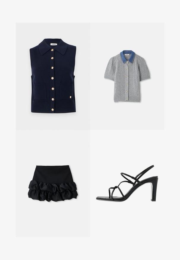 Ναυτικό μπλε πλεκτό αμάνικο πουλόβερ με κλασικό γιακά, χρυσά κουμπιά και δύο μπροστινές τσέπες. Χρυσή λεπτομέρεια λογότυπου στο πλάι.; Γκρι πλεκτό κοντομάνικο κάρντιγκαν με σχέδιο καλωδίων, που διαθέτει τζιν γιακά και πέντε χρυσά κουμπιά μπροστά.; Μαύρη μίνι φούστα με εφαρμοστό τοπ και τρία στρώματα ρυτιδωτού υφάσματος στο κάτω μέρος, με λεία υφή και καθαρές γραμμές.; Μαύρες ψηλοτάκουνες σανδάλες με λεπτές λωρίδες, υφή, ανοιχτή μύτη και κομψό, μυτερό σχέδιο τακουνιού. Διαθέτουν λείο πέλμα και γυαλιστερή επιφάνεια.