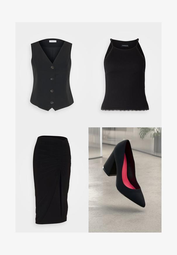 VILA VIKAROLINA VEST - Γιλέκο - black; Μαύρη ριγέ αμάνικη μπλούζα με δαντέλα στη βάση. Διαθέτει λεπτές τιράντες και εφαρμοστή σχεδίαση. Φτιαγμένη από ελαστικό ύφασμα.; Μαύρη, ραμμένη pencil φούστα με λεπτομέρεια κόμπο και πλάγιο άνοιγμα. Κατασκευασμένη από ελαστικό ύφασμα, διαθέτει λείο υφή και εφαρμοστή γραμμή.; Μαύρο τακούνι με尖 καμπυλωτή μύτη, υφή και έντονο ροζ εσωτερικό. Διαθέτει χοντρό τακούνι με ασημί λεπτομέρεια.
