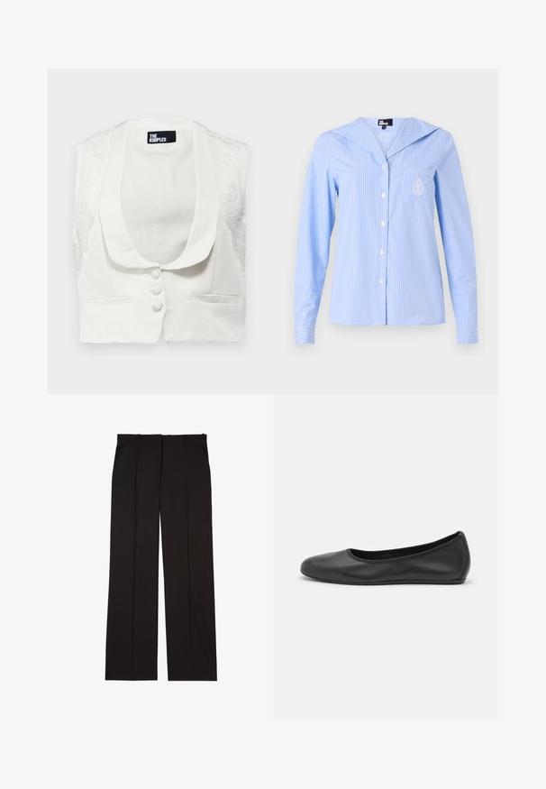 The Kooples GILET - Smanicato - ecru; Camicia a righe azzurro chiaro con colletto da marinaio, maniche lunghe, bottoni frontali e una tasca con un dettaglio ricamato.; Pantaloni neri su misura realizzati in un tessuto liscio, con un design a gamba dritta e due tasche laterali. Costruzione elegante e minimalista.; Pantofole da balletto nere in pelle con punta arrotondata, texture liscia, dettagli di cucitura minimi e design con suola flessibile.