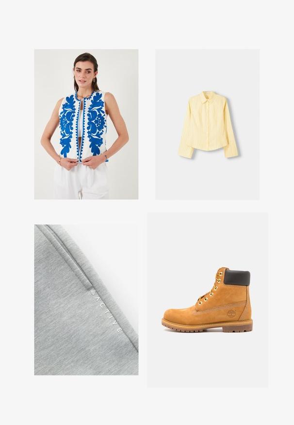 Bestickte Weste mit blauem Blumenmuster auf weißem Hintergrund, mit einem Frontreißverschluss und dekorativem Besatz entlang der Kanten.; Gelb gestreifter Hemd mit langen Ärmeln, spitzem Kragen und vorderer Knopfverschluss. Hat vertikale blaue Streifen und eine taillierte Passform.; Grauer Sportstoff mit einer glatten, strukturierten Oberfläche und einem dezenten melierten Muster. Das Wort "ACTIVE" ist in Weiß an der Seite aufgedruckt.; Braune Leder-Stiefelette mit schwarzer Polsterung, goldenen Ösen und einer strukturierten Sohle. Hat ein kreisförmiges Logo an der Seite und Nähakzente.