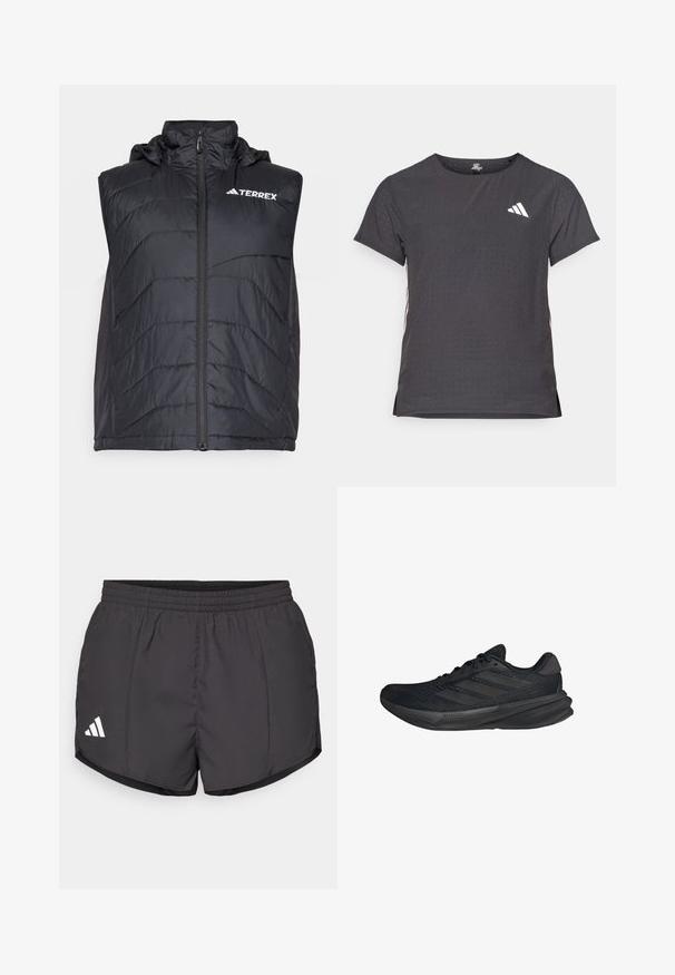 Zwarte geïsoleerde vest met een capuchon, voorzien van een rits aan de voorkant en een verticaal stiksels patroon. Logo "TERREX" weergegeven aan de bovenste linkerkant.; Korte mouwen sport t-shirt, donkergrijs met geperforeerde textuur. Bevat een wit logo en contrasterende zijstrepen. Ronde halslijn.; Zwarte sport shorts gemaakt van lichtgewicht stof, met een elastische tailleband en een wit Adidas-logo aan de onderkant aan de linkerkant.; Zwarte sportieve schoenen met een bovenwerk van mesh, gestroomlijnde vorm, platte zool en drie diagonale strepen aan de zijkant. Lichtgewicht ontwerp voor comfort.