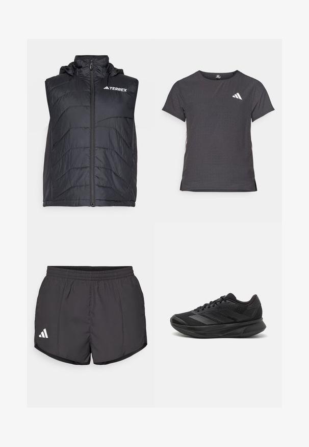 Schwarze isolierte Weste mit Kapuze, ausgestattet mit einem Frontreißverschluss und vertikalem Nähmuster. Das Logo "TERREX" ist auf der oberen linken Seite angebracht.; Kurze Ärmel Sport-T-Shirt, dunkelgrau mit durchbrochener Textur. Enthält ein weißes Logo und kontrastierende Seitenstreifen. Runder Ausschnitt.; Schwarze Sportshorts aus leichtem Material, mit einem elastischen Bund und einem weißen Adidas-Logo auf der unteren linken Seite.; Schwarzer Laufschuh mit einem atmungsaktiven Mesh-Obermaterial, runder Zehenpartie, schlankem Design, strukturierten Akzenten und einer gepolsterten Sohle für Komfort.