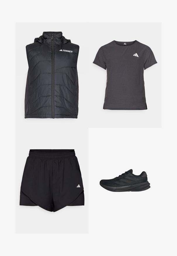 Gilet isolé noir avec capuche, doté d'une fermeture éclair sur le devant et d'un motif de couture verticale. Logo "TERREX" affiché sur le côté supérieur gauche.; T-shirt de sport à manches courtes, gris foncé avec une texture perforée. Présente un logo blanc et des rayures latérales contrastantes. Encolure arrondie.; Shorts de sport noirs avec un design superposé, fabriqués en tissu léger. Possèdent une taille élastique et un petit logo blanc sur le côté.; Baskets de sport noires avec un dessus en maille, une forme épurée, une semelle plate et trois bandes diagonales sur le côté. Design léger pour le confort.