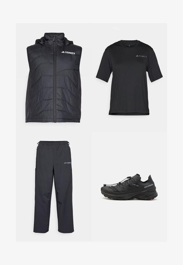 Schwarze isolierte Weste mit Kapuze, ausgestattet mit einem Frontreißverschluss und vertikalem Nähmuster. Das Logo "TERREX" ist auf der oberen linken Seite angebracht.; Schwarzes Kurzarm-T-Shirt aus leichtem Stoff. Verfügt über einen Rundhalsausschnitt und ein kleines, weißes "TERREX"-Logo auf der Brust.; Schwarze, leichte Outdoor-Hosen mit elastischem Bund, Seitentaschen und einem Logo am oberen rechten Bein. Glattes, wasserabweisendes Material.; Schwarze Trailrunning-Schuhe mit einem strukturierten Obermaterial, Netzpanelen und einem sicheren Verschlusssystem. Verfügt über eine robuste Außensohle für besten Halt.