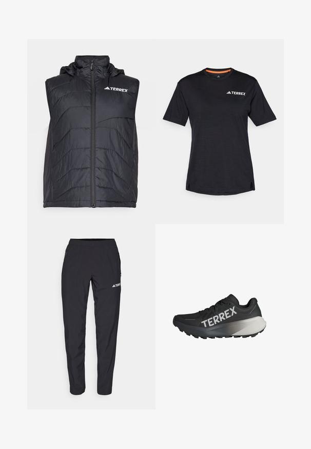 Chaleco aislante negro con capucha, que cuenta con un cierre frontal y un patrón de costura vertical. Logo "TERREX" mostrado en la parte superior izquierda.; Camiseta negra de manga corta con cuello redondo, que presenta una sutil textura jaspeada y el logo blanco "TERREX" en la parte superior izquierda.; Pantalones deportivos negros hechos de un material ligero y elástico, con una cintura elástica y bolsillos laterales con cremallera. Presentan un logo blanco en el muslo.; Zapatilla de correr negra con parte superior texturizada, destacado logo "TERREX" en blanco, diseño de suela cónica y un acento en degradado gris en el talón.