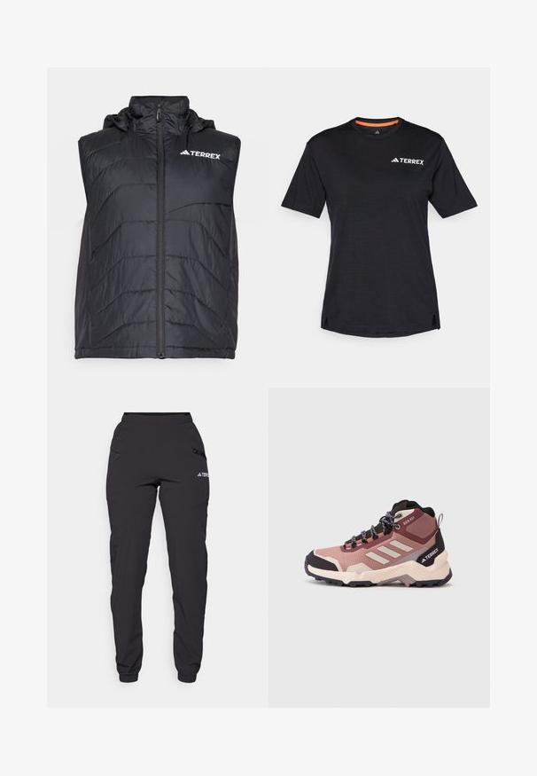 Zwarte geïsoleerde vest met een capuchon, voorzien van een rits aan de voorkant en een verticaal stiksels patroon. Logo "TERREX" weergegeven aan de bovenste linkerkant.; Zwarte T-shirt met korte mouwen en ronde hals, met een subtiele heatherstructuur en een wit "TERREX" logo aan de bovenlinkerkant.; Zwarte waterdichte broek met een elastische tailleband, ritssluitingen aan de zijkanten, taps toelopende benen en ribgebreide boorden bij de enkels. Voorzien van logoprints.; Wandelboot in roze en donkerpaars, met een bovenwerk van mesh, rubberen zool, gestructureerde patronen en versterkte enkelondersteuning.