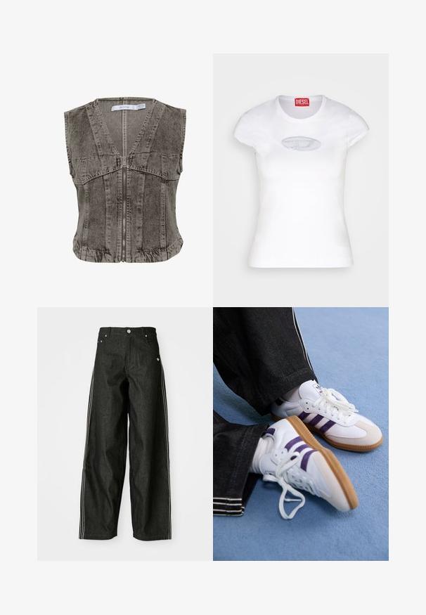 Pelēks džinsu veste ar dziļu V veida kakla izgriezumu un rāvējslēdzēja aizdari. Satur bezmugurkaula dizainu un strukturētas šuves, lai nodrošinātu pieguļošu piegriezumu.; Balts derīgs T-krekls, izgatavots no kokvilnas, ar apaļu dekoltē un īsām piedurknēm, priekšpusē ir gaiši zils izšūts logotips.; Melnas džinsa bikses ar platām kājām un baltām sānu svītrām, ar priekšējiem kabatām, pogājamu priekšpusi un diskretu logotipu netālu no jostasvietas.; Baltas sporta apavu pāris ar purpura svītrām un brūnām gumijas zolemi, ar apaļām auklām un mīkstinātu apkakli. Valkāti ar tumšiem džinsu biksēm.