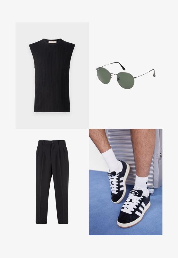 Černý bezrukávový žebrovaný pletený top s kulatým výstřihem a rovnými švy na ramenech. Obsahuje texturovaný pruhovaný vzor po celé ploše.; Bílý bavlněný tričko s krátkými rukávy, klasickým kulatým výstřihem a volným střihem. Hladká textura bez viditelných vzorů nebo akcentů.; Černé kalhoty s plisovaným předním designem, vyrobené z hladké tkaniny. Obsahují zapínání na knoflík a poutka na opasek; rovný střih.; Černé semišové tenisky s bílými tkaničkami a třemi bílými pruhy. Mají kulatou černou logo na jazyku a gumovou podrážku.; Sluneční brýle s kovovým rámem a oválnými zelenými skly. Tenký stříbrný kovový rám a černé chrániče uší. Minimalistický design, žádné viditelné logo.