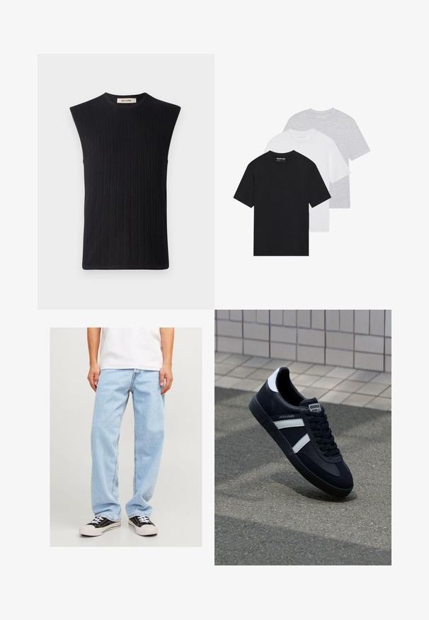 Haut sans manches en tricot côtelé noir avec un col rond et des coutures d'épaule droites. Présente un motif de rayures texturé sur l'ensemble.; Ensemble de trois t-shirts basiques en noir, blanc et gris clair. Manches courtes, col rond, fabriqués en coton lisse. Logo de la marque visible.; Jean en denim bleu clair avec une coupe décontractée, affichant un design à jambe droite et des coutures standard, associé à des baskets noires.; Sneaker en cuir noir avec des rayures blanches, semelle en caoutchouc texturée et devant à lacets. Présente une étiquette de marque sur la languette.