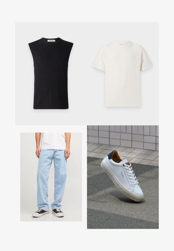 Top a maniche corte nero in maglia a costine, con scollatura tonda e cuciture sulle spalle dritte. Presenta un motivo a righe testurizzato su tutta la superficie.; T-shirt bianca a maniche corte in texture a coste. Girocollo, vestibilità rilassata, senza modelli o accenti visibili. Design semplice e versatile.; Jeans in denim azzurro chiaro con vestibilità comoda, caratterizzati da un design a gamba dritta e cuciture standard, abbinati a sneaker nere.; Sneaker bianca in pelle con tallone blu, punta rotonda e accenti marroni a contrasto. Presenta lacci piatti e suola in gomma testurizzata.