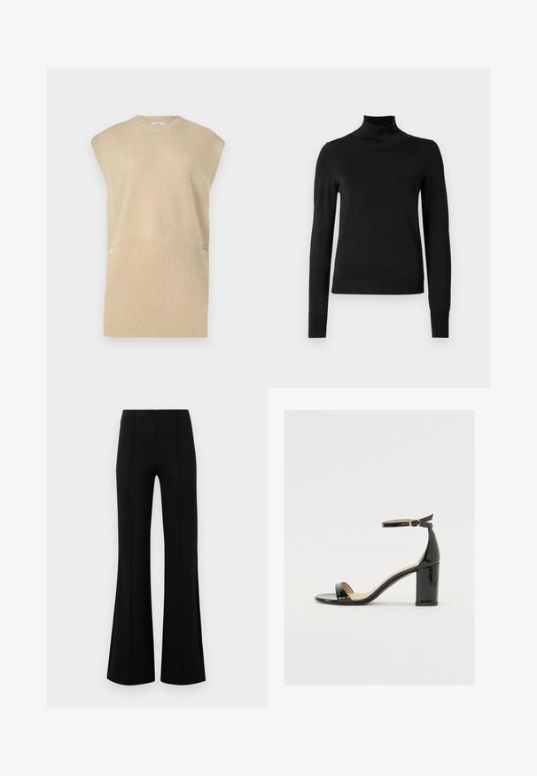 Bežinis megztas liemenė su išsiuvinėtu tekstūru, apvaliu kaklu ir plačiomis pečių linijomis. Priedo, turi du dekoratyvinius mygtukus šone.; Juoda ilgomis rankovėmis turtleneko tipo megztinis su rebruotomis rankovėmis ir apačia, eksponuojamas ant paprasto balto fono.; Juodos plačios kelnės su aukštu liemeniu, pagamintos iš tamprios medžiagos. Priekinėje dalyje yra vertikalūs siūlų akcentai ir lygus paviršius.; Juodas lakinės odos sandalai su plačiu kulnu, atvira koja ir kulkšnies juostele, turinčia auksinę sagtį. Lygi tekstūra ir elegantiškas dizainas.