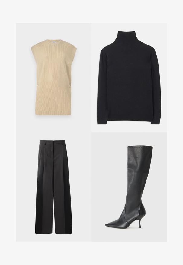 Beige kötött pulóver ujjatlan, bordázott textúrával, kerek nyakkal és széles vállakkal. Két díszgomb található az oldalon.; Fekete garbó pulóver puha anyagból. Hosszú ujjakkal, magas nyakkal és bordázott mandzsettákkal, valamint aljjal rendelkezik, ami karcsú megjelenést kölcsönöz.; Fekete, bő szárú nadrág magas derékkal, elöl plissékkel, sima felülettel és igényes kidolgozással. Kényelmes viseletre tervezve.; Térd fölötti fekete bőr csizmák hegyes orral és karcsú stiletto sarkal. Simább textúrájúak, jól illeszkedő kialakítással és varrással a tetején.