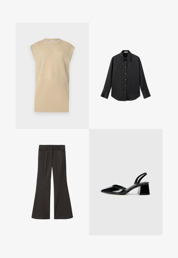 Beige strikket sweatervest med ribbet tekstur, rund halsudskæring og brede skuldre. Har to dekorative knapper på siden.; Sort langærmet skjorte i glat stof, med klassisk krave, frontlukning med guldtonede knapper og brede manchetter.; Sorte flagrende bukser med høj talje; har to forlommer og en glat stofstruktur. Egnet til forskellige anledninger.; Sorte patentlæder slingback hæle med spids tå og en geometrisk blok hæl. Har et elegant, minimalistisk design og en glat tekstur.