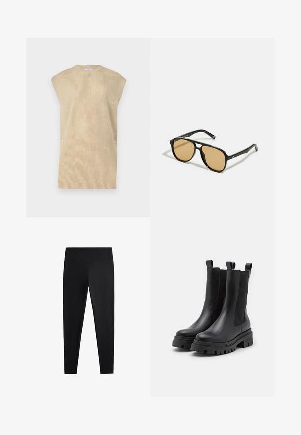 Beige strikket sweatervest med ribbet tekstur, rund halsudskæring og brede skuldre. Har to dekorative knapper på siden.; Hvid bomulds T-shirt med korte ærmer, rund halsudskæring og lige kant. Glat tekstur, minimalistisk design uden mønstre eller accenter.; Sorte leggings lavet af glat, strækbart stof. Har en bred talje og en tapered ben-design, velegnet til aktiv eller afslappet brug.; Sorte læder ankelstøvler med elastiske sidepaneler og træksløjfer. Kraftige gummisyge med dybe dækmønstre for ekstra trækkraft.; Sorte solbriller med brune tonede linser; rektangulær form med en tyk ramme, herunder diskrete hardwaredetaljer på stængerne.