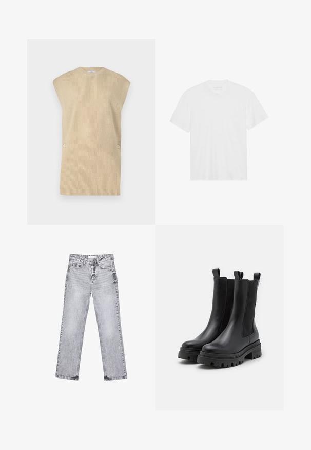 Beige strikket sweatervest med ribbet tekstur, rund halsudskæring og brede skuldre. Har to dekorative knapper på siden.; Hvid bomulds T-shirt med korte ærmer, rund halsudskæring og lige kant. Glat tekstur, minimalistisk design uden mønstre eller accenter.; Grå denim jeans med lige ben, distressed detaljer, fem lommer og kobbernitter. Taljebåndet har et logomærke.; Sorte læder ankelstøvler med elastiske sidepaneler og træksløjfer. Kraftige gummisyge med dybe dækmønstre for ekstra trækkraft.