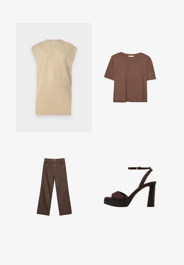 Beige strikket sweatervest med ribbet tekstur, rund halsudskæring og brede skuldre. Har to dekorative knapper på siden.; Brun kortærmet t-shirt lavet af blødt stof, med rund halsudskæring og afslappet pasform. Ingen synlige mønstre eller detaljer.; Bredde ben brun denim jeans med høj talje, forlommer og klassisk knaplukning. Glat tekstur med diskret syninger.; Brune ruskinds højhælede sandal med åben tå, justerbar ankelrem og en stribet plade sål.