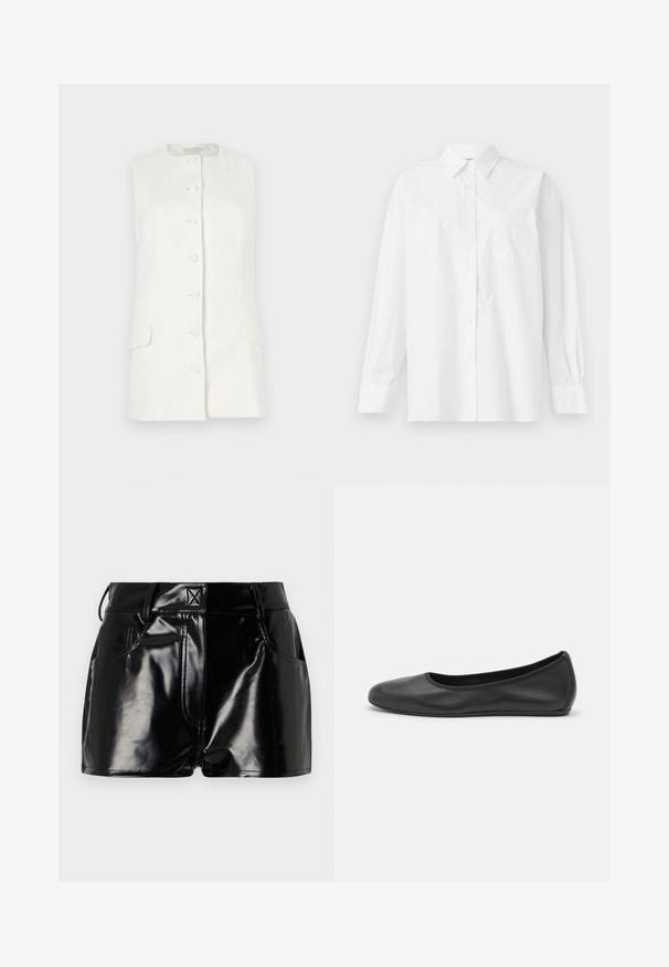 Balta be rankovių liemenė su aukšta apykakle, penkių mygtukų uždarymu ir dviem priekinių kišenių, pagaminta iš lengvos medžiagos.; Balta ilga rankovėmis marškiniai, pagaminti iš medvilnės, su klasikiniu apykakle, mygtukų uždarymu ir vienu krūtinės kišeniu kairėje pusėje.; Juodos, blizgios šortai, pagaminti iš sintetinės medžiagos. Turi prigludusią liemenį, diržo kilpas ir priekines kišenes su ryškiomis siuvimo detalėmis.; Juodai odiniai baletai su apvaliu pirštu, lygi texture, minimalus siuvimo detales ir lanksčiu padų dizainu.