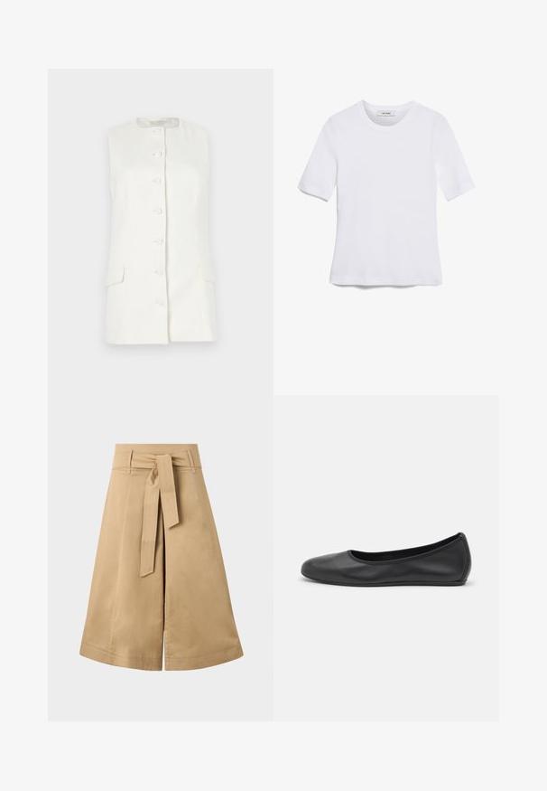 Colete sem mangas branco com um decote alto, fecho de cinco botões e dois bolsos frontais, feito de um tecido leve.; T-shirt de manga curta branca feita de tecido canelado. Decote redondo, ajuste regular e detalhes de costura subtis. Sem padrões ou gráficos.; Saia midi em caqui, envolvente, com um cinto de laço, feita de algodão leve, apresentando uma silhueta evasê e detalhes de costura visíveis.; Bailarina preta em pele com bico arredondado, textura suave, detalhe de costura minimalista e design de sola flexível.