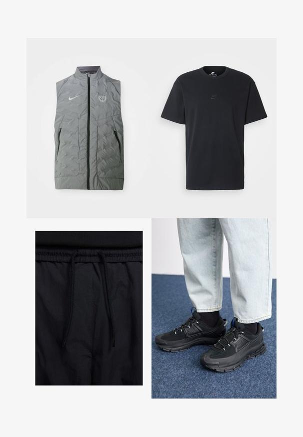 Gray Nike sleeveless vest with a front zipper, quilted texture, two side pockets, and a circular Paris logo on the left chest.; Nike black cotton t-shirt with a classic crew neck, short sleeves, and a subtle, embossed logo on the chest. Smooth texture.; Black shorts featuring a drawstring waistband, lightweight fabric with a smooth texture, and a simple design without visible logos or patterns.; Black athletic shoes with textured fabric and rubber soles, featuring elastic laces and a blue accent on the heel. Worn with light denim pants.