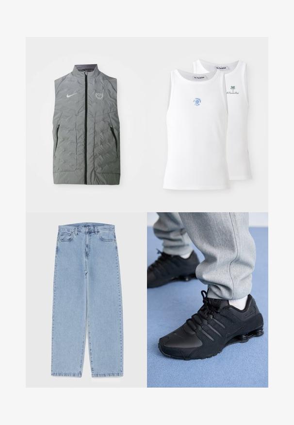 Gray Nike sleeveless vest with a front zipper, quilted texture, two side pockets, and a circular Paris logo on the left chest.; Two white tank tops, ribbed texture, featuring blue and green embroidered logos. One has a sun design, the other a palm tree.; Light blue denim jeans with straight leg design, featuring a mid-rise waist, five pockets, and a button and zipper closure.; Person wearing black Nike Shox sneakers and gray sweatpants standing on light blue carpet.