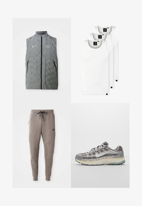 Harmaa Nike ilmanhiha vest, jossa on edessä vetoketju, tikattu pinta, kaksi sivutaskua ja pyöreä Pariisi-logo vasemmassa rinnassa.; Kolme valkoista ribbitekstiilistä toppia, jotka on valmistettu puuvillasta. Ominaisuuksiin kuuluu pyöreä pääntie ja pieni musta etiketti helman lähellä. Saatavilla useissa kooissa.; Harmaat Nike-juoksuhousut, joissa on kiristysnyöri vyötäröllä, kapeat lahkeet, sivutaskut ja erottuva sauman yksityiskohtaisuus. Pehmeä, tekstuuri kangas.; Harmaa urheilukenkä, jossa on verkko- ja mokkanahkainen yläosa, valkoiset yksityiskohdat, pehmustettu pohja ja erottuva muotoilu heijastavilla elementeillä.