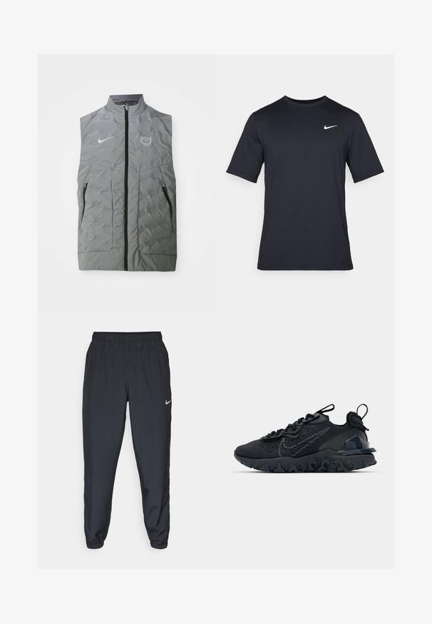 Gilet senza maniche Nike grigio con zip frontale, texture trapuntata, due tasche laterali e un logo circolare di Parigi sul petto sinistro.; T-shirt Nike nera a maniche corte realizzata in tessuto morbido, con il logo bianco dello swoosh nella parte superiore sinistra, colletto girocollo.; Pantaloni da jogging neri realizzati in tessuto leggero con cintura elastica, polsini alla caviglia e un logo Nike discreto sul lato sinistro.; Scarpa sportiva nera con tomaia in mesh traspirante, dettagli testurizzati e suola in gomma ondulata. Presenta un logo riflettente e un sistema di allacciatura.