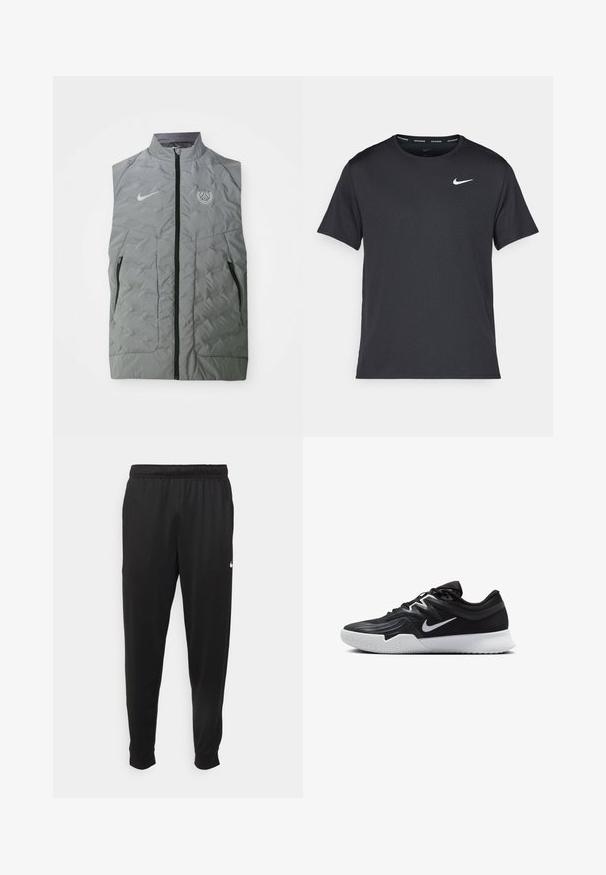 Graue Nike ärmellose Weste mit einem Frontreißverschluss, gestepptem Muster, zwei Seitentaschen und einem runden Paris-Logo auf der linken Brust.; Schwarzes Nike Lauft-Shirt aus leichtem, atmungsaktivem Material, mit kurzen Ärmeln und einem kleinen weißen Logo auf der Brust.; Schwarze Sporthosen aus glattem Stoff, mit einem elastischen Bund, schmal zulaufenden Beinen und einem kleinen weißen Logo auf der linken Seite.; Schwarzer Sportschuh mit strukturiertem Obermaterial, weißem Nike-Warenzeichen und einer weißen Gummisohle. Verfügt über ein Schnürdesign und eine dynamische Form.