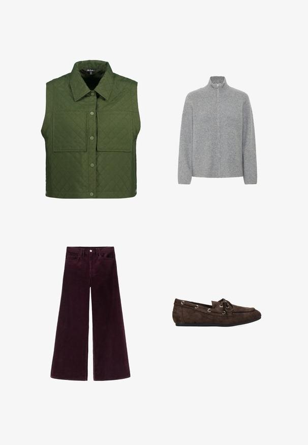 Ulla Popken Weste - olive green; ICHI DUCIE CA - Strickjacke - grey melange; Graues Baumwoll-T-Shirt mit Rundhalsausschnitt, umgeschlagenen kurzen Ärmeln und einem dezent gestickten Logo auf der Brust. Weicher Stoff und lässige Passform.; Weite Cordhosen in tiefem Burgund, mit hohem Bund, Knopfverschluss und klassischem Fünf-Taschen-Design sowie gerippter Textur.; Braune Wildleder-Mokassin mit einer abgerundeten Spitze, Schnürdetails und Metallösen. Flache Sohle, glatte Textur und schlichtes Design.