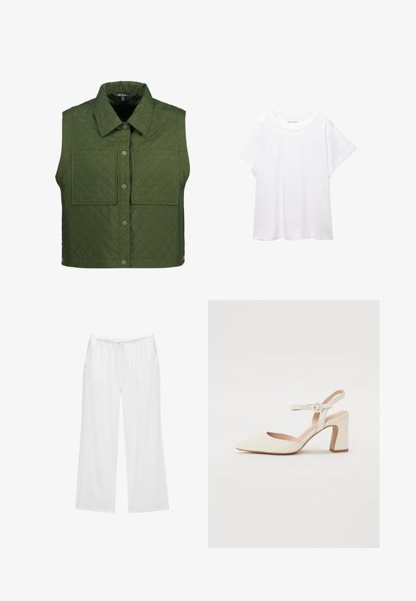 Ulla Popken Smanicato - olive green; T-shirt bianco realizzato in un tessuto morbido e leggero. Presenta un collo rotondo e maniche corte e larghe con vestibilità morbida. Nessun motivo visibile.; Pantaloni bianchi a gamba larga realizzati in un tessuto morbido, con vita elastica dotata di cordino e due tasche laterali. Design semplice e pulito.; Décolleté a punta, color crema, con tacco a blocco. Presenta una sottile cinghia alla caviglia con una fibbia rotonda e una texture in pelle liscia.