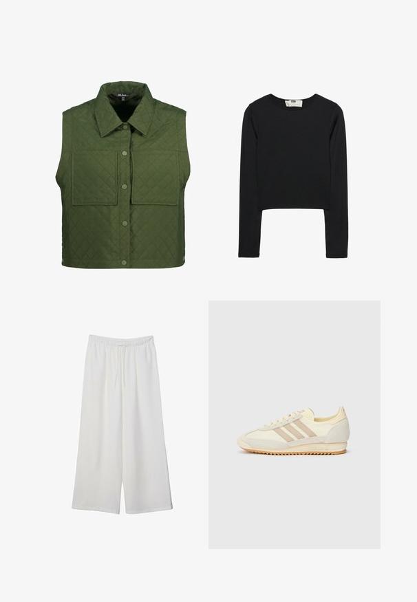 Ulla Popken Weste - olive green; Schwarzes Langarm-Crop-Top aus leichtem Stoff, mit rundem Ausschnitt und taillierter Silhouette, sauberen Nähten und ohne Verzierungen.; Weiße, weit geschnittene Hosen aus leichtem Stoff, mit einem elastischen Bund und einem Zugband für eine verstellbare Passform. Glatte Textur.; Cremefarbene sportliche Sneakers mit drei beigen Streifen, aus Wildleder und Textilmaterialien, einer strukturierten Sohle und geprägtem Branding an der Ferse.