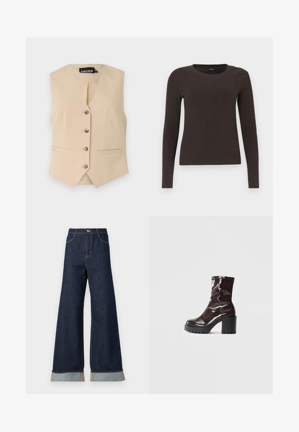 Beige ujj nélküli mellény V-nyakkal, öt barna gombbal és két elülső zsebbel. Simább anyag, testhezálló szabással és éles szilhuettel.; Barna, hosszú ujjú bordázott felső, kerek nyakkivágással. Simább, rugalmas anyagból készült, illeszkedő fazonú és minimális részletezéssel.; Széles szárú sötét farmernadrág narancssárga varrással, magas derekú fazonnal, két elülső zsebbel és felgöngyölített szegéllyel, amely világoskék kontraszt anyagot mutat.; Fényes bordó bokacsizma vastag fekete sarokkal, sima felülettel és egyszerű dizájnnal. Nincsenek látható zárak vagy minták.