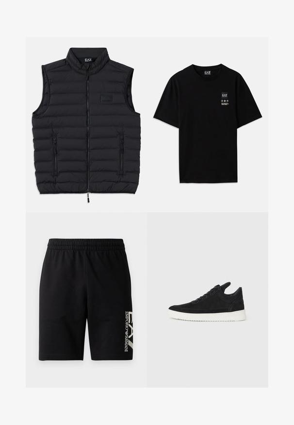 Colete acolchoado preto com gola alta, fecho frontal e dois bolsos laterais com zíper. Feito de material leve e acolchoado.; T-shirt de algodão preto com mangas curtas, decote redondo e uma pequena etiqueta com logótipo na parte da frente, apresentando símbolos de cuidado em branco.; EA7 Emporio Armani TRAIN VISIBILITY - Calções - black/cream; Sapatilha de camurça preta com sola de borracha branca, apresentando costuras tonais e um design com atacadores. Textura suave com uma forma moderna e simplificada.