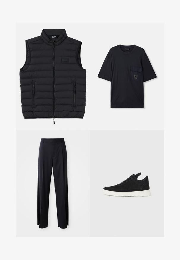 Colete acolchoado preto com gola alta, fecho frontal e dois bolsos laterais com zíper. Feito de material leve e acolchoado.; T-shirt preto de manga curta com decote redondo e um bolso com aba no lado esquerdo do peito, apresentando um pequeno patch retangular de logotipo.; Calças pretas de cintura alta, com corte amplo, feitas de um tecido suave. Apresentam pregas frontais e passadores para cinto. Design minimalista, sem hardware visível.; Sapatilha de camurça preta com sola de borracha branca, apresentando costuras tonais e um design com atacadores. Textura suave com uma forma moderna e simplificada.