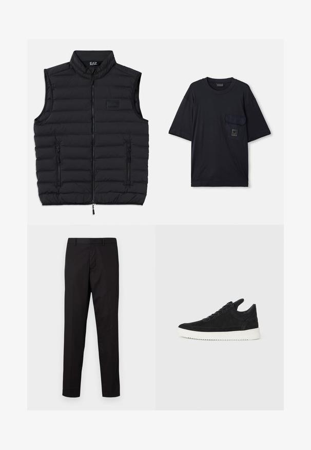 Svart puffer vest med høy krage, frontglidelås og to glidelåslommer på siden. Laget av quiltet, lett materiale.; Svart kortermet t-skjorte med rund hals og klaffelomme på venstre bryst, med et lite rektangulært logomerke.; Sorte bukser laget av et glatt og lett stoff. Har en rett skjæring, beltehemper og flat front med glidelås.; Sorte semskede sneakers med hvit gummisåle, med tonale sømmer og snøring. Glatt tekstur med en moderne, strømlinjeformet form.