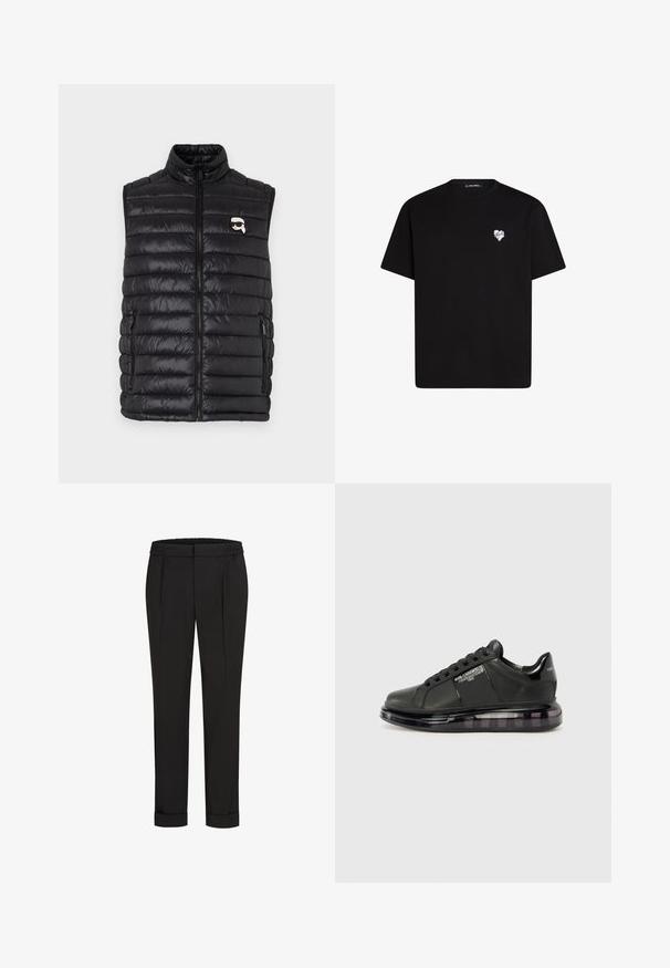 Schwarze gepolsterte Weste mit hohem Kragen, durchgehendem Reißverschluss, zwei Seitenfächern und einem kleinen Logo auf der Brust. Glattes, leichtes Material.; Schwarzes Baumwoll-T-Shirt mit kurzen Ärmeln, rundem Ausschnitt und einem kleinen weißen Herz-Design auf der linken Brustseite.; Schwarze Hose mit Gummibund, gerade geschnitten und mit umgeschlagenen Säumen. Hergestellt aus glattem, gewebtem Stoff ohne Muster.; Schwarzer Sneaker mit glattem Lederobermaterial, rundem Zehenbereich und Schnürdesign. Ausgestattet mit einer klaren, gepolsterten Sohle mit einem dunklen Verlauf.
