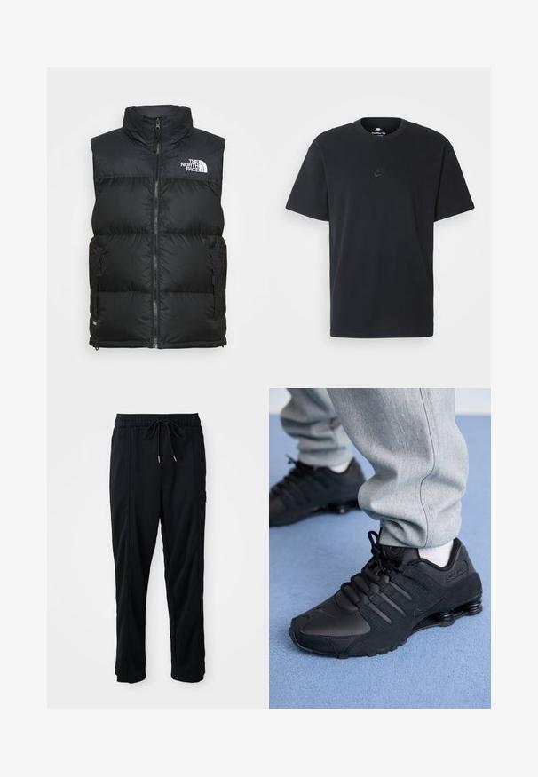 Melna polsterēta veste ar augstu apkakli, rāvējslēdzēja aizdari un sānu kabatām. Uz krūtīm ir baltā The North Face emblēma.; Nike melns kokvilnas T-krekls ar klasisku piegriezumu, īsām piedurknēm un smalku, reljefu logotipu uz krūškurvja. Gluda tekstūra.; Melnas bikses ar aukliņu jostas vietā, ar sānu kabatām un taisnu kāju griezumu uz vienkrāsaina fona.; Cilvēks valkā melnus Nike Shox sporta apavus un pelēkus sporta bikses, stāvot uz gaiši zilā paklāja.