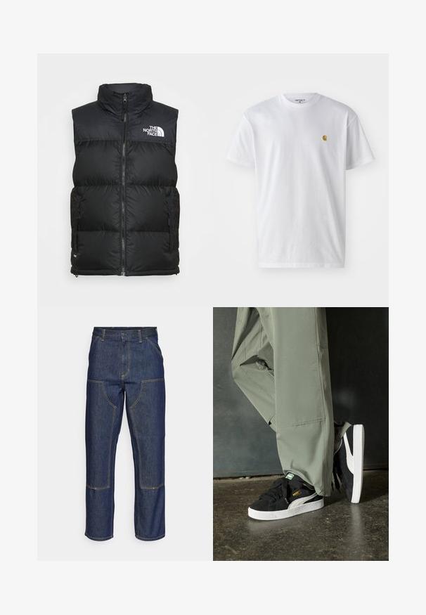 Černá podšitá vesta s vysokým límcem, zipovým uzávěrem a bočními kapsami. Na hrudi se nachází bílé logo značky The North Face.; Bílé bavlněné tričko s krátkým rukávem a kulatým výstřihem, s malým zlatým logem na levé straně hrudi. Měkká textura a klasický střih.; Tmavě modré džíny s vysokým pasem, rovnými nohavicemi, kontrastním šitím a nášivkami na přední straně.; Černé semišové tenisky s bílými gumovými podrážkami a bočními pruhy, spárované se světle zelenými cargo kalhotami, stojící na texturovaném tmavém povrchu.
