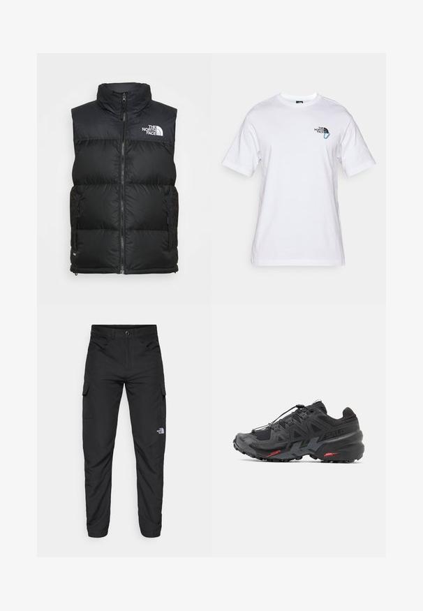 Svart polstret vest med høy krage, glidelås og sidelommer. Har det hvite logoen til The North Face på brystet.; The North Face EXPLORE CARABINER RELAXED TEE UNISEX - T-shirts med print - white; The North Face HORIZON PANT - Friluftsbukser - black; Svart løpesko med syntetisk overdel, teksturert design og kontrasterende røde detaljer. Har et sikkert snøresystem og robust såle.